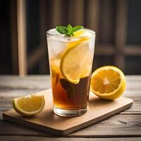 lemon tea on wooden table. . photo