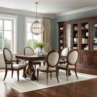 wooden table chairs in a luxurious and classic dining area. . photo