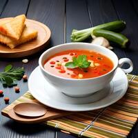 spicy soup in bowl on wooden table. . photo