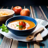 spicy soup in bowl on wooden table. . photo