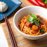 chicken noodles served in bowls at the table. . photo