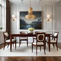 wooden table chairs in a luxurious and classic dining area. . photo