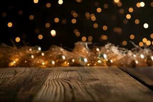 Christmas Bokeh Background, wooden background with bokeh, brown rustic wood - Backdrop for product presentation, photo