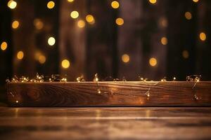 Christmas Bokeh Background, wooden background with bokeh, brown rustic wood - Backdrop for product presentation, photo