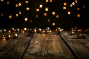 Christmas Bokeh Background, wooden background with bokeh, brown rustic wood - Backdrop for product presentation, photo