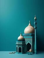3d islámico mezquita aislado en azul antecedentes. ai generado foto
