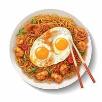 Fried noodles with egg, shrimp, tomato, cucumber. . photo