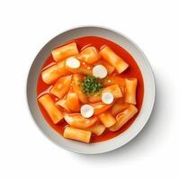 Tteokbokki is a Korean rice flour dish cooked in a spicy and sweet gochujang spice. . photo
