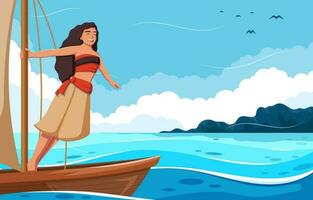 Hawaiian Girl Standing on the Boat vector