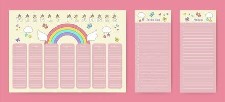 Weekly planner, to-do list and notes. Set for a child with a unicorn, rainbow, wings, clouds, butterflies, bows, hearts. Set for children's notes, notepads, diary, organizer and schedule. vector
