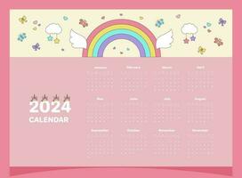 Calendar 2024 pink for a child with elements of unicorn, rainbow, wings, clouds, butterflies, bows, hearts. vector