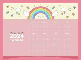 Calendar 2024 pink for a child with elements of unicorn, rainbow, wings, clouds, butterflies, bows, hearts. vector