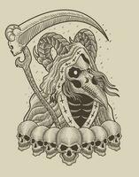 illustration scary grim reaper with engraving style on black background vector