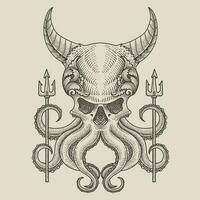 illustration demonic octopus with two trident weapon vector