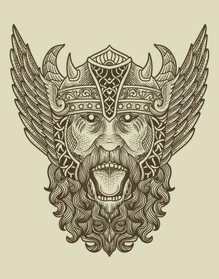illustration viking head engraving style on black background