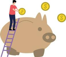 A boy is saving money in a piggy bank. vector