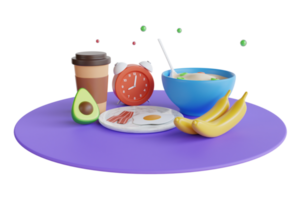 3d ilustración de desayuno a hogar con cereales, Leche y Fresco fruta. conjunto de desayuno en el mesa . 3d ilustración png