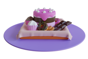 Variety of sweet food on festive table served for celebration.  Delicious dessert table. Various cookies, donuts, cakes, cheesecakes and chocolate. 3D Illustration png