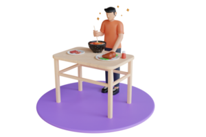 3d illustrazione di uomo ambientazione il tavolo con delizioso Alimenti durante il giorno a casa. tipo preparazione cena o pranzo con spezie e erbe aromatiche png