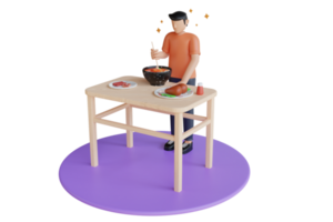 3d ilustración de hombre ajuste el mesa con delicioso comidas durante el día a hogar. chico preparando cena o almuerzo con especias y hierbas png