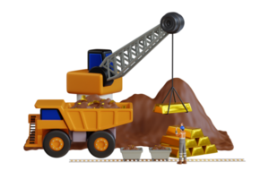 Work of truck and the excavator in an open pit on gold mining. Work of heavy equipment in an open pit for gold ore mining. 3D Illustration png