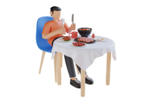 3d ilustración de hombre es teniendo almuerzo con palillos, A la parrilla pollo, sopa, huevos, y salchichas tener almuerzo 3d ilustración png