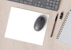 leer und transparent Computer Maus Pad auf das Schreibtisch beim heim. Mauspad Attrappe, Lehrmodell, Simulation wie png. Kopieren Raum zum Ihre Bild oder Text. leeren Maus Matte bereit zum Ihre Design. spotten hoch, Vorlage. 3d machen. png