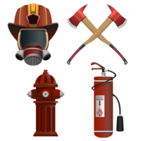 Rescue firefighters equipment SET in realistic style. Detailed colorful PNG illustration.