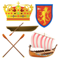Vikings realisitc style SET. Crown, Axe, Ship, Lion boat. Colorful PNG illustration.