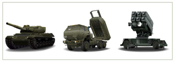 militare veicoli impostare. himars, principale battaglia cisterna, aria difesa sistema nel realistico stile. dettagliato png colorato illustrazione.
