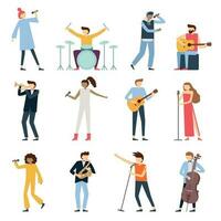 Musician artists. Guitar playing artist, young drummer and pop song singer. Musical instruments stage players isolated flat vector set