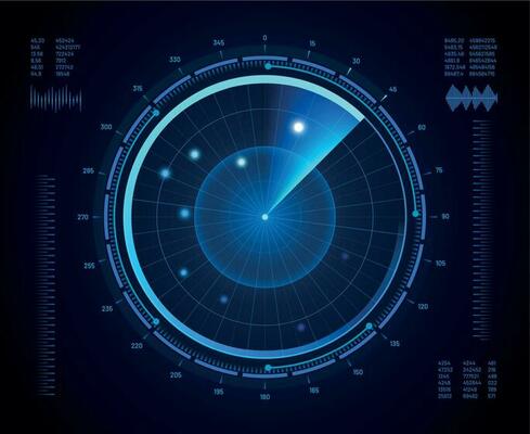 Futuristic radar. Military navigate sonar, army target monitoring screen and radar vision interface map vector isolated concept