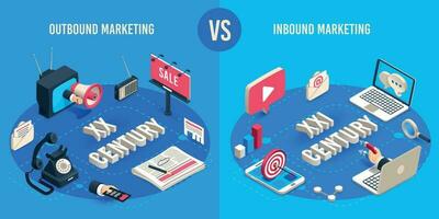 Outbound and inbound marketing. Isometric market advertising generations, online markets sales magnet and ads megaphone vector concept