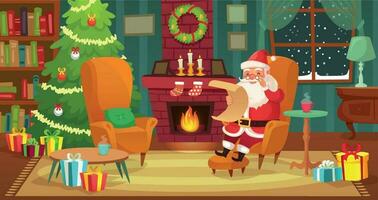 Christmas interior. Santa Claus winter holiday decorated living room with fireplace and xmas tree cartoon vector illustration
