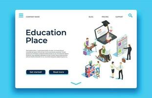 Education landing page. Isometric people learning with ebooks smatphones and laptops. Vector web design