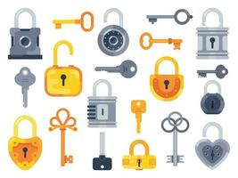 Lock with keys. Golden key, access padlock and closed safe padlocks isolated flat vector set