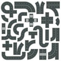 Connectable highway road elements. Crossroads, footpath and speedway junction mark. Asphalt street roads with marking vector set