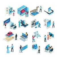 Isometric virtual reality simulations icons. Computer simulation helmet, augmented reality game vector illustration set