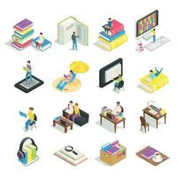 Isometric book set. Reading books, textbooks for student learning and ebooks icons. Textbook for college students vector illustration