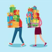 Carry gifts stack. Carrying christmas stacked presents in man and woman character hands. Heavy gift pile vector cartoon illustration