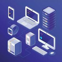 Hosting data server, pc, laptop computer, smart watch, NAS, smartphone or mobile phone. Devices for business isometric vector illustration