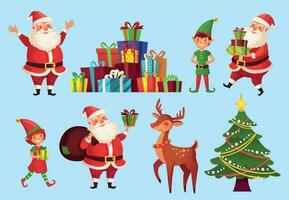 Cartoon christmas characters. Xmas tree with Santa Claus gifts, Santas helpers elves and winter holidays deer vector character set