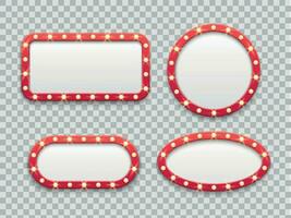 Marquee light frames. Vintage round and rectangular cinema and casino empty red signs with bulbs. Vector isolated set