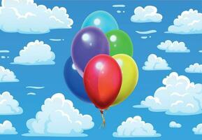 Bunch balloons in clouds. Cartoon blue cloudy sky and colorful 3d glossy balloons vector illustration