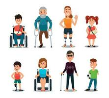 Disability people. Cartoon sick and disabled characters. Person in wheelchair, injured woman, elderly man and sickness child vector set