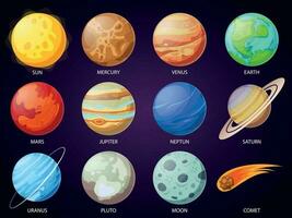 dibujos animados solar sistema planetas astronómico observatorio planeta, meteorito y estrella. astronomía vector íconos conjunto