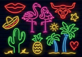 retro Moda neón signo. brillante fluorescente cactus, rosado flamenco y toro señales. brillante palmera, sombrero y piña vector conjunto