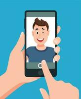 Man taking smartphone selfie portrait. Touching telephone photo cartoon vector illustration