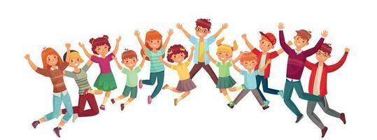 Jumping kids. Excited childrens jump vector or exercising together illustration isolated set