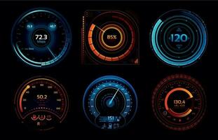 Speedometer indicators. Power meters, fast or slow internet connection speed meter stages vector concept